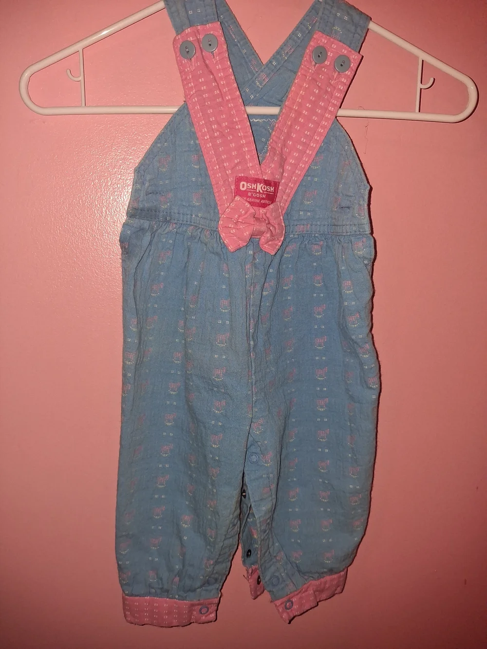 Vtg 80s OshKosh Overalls sz 12M Bubble Pink Blue Rocking Horse Bows Pink Vestbac